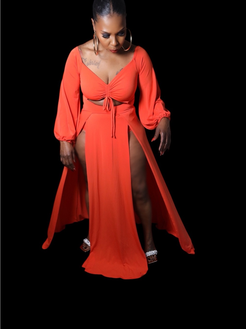 Women's Orange Tie-Front Maxi Dress with High Slits